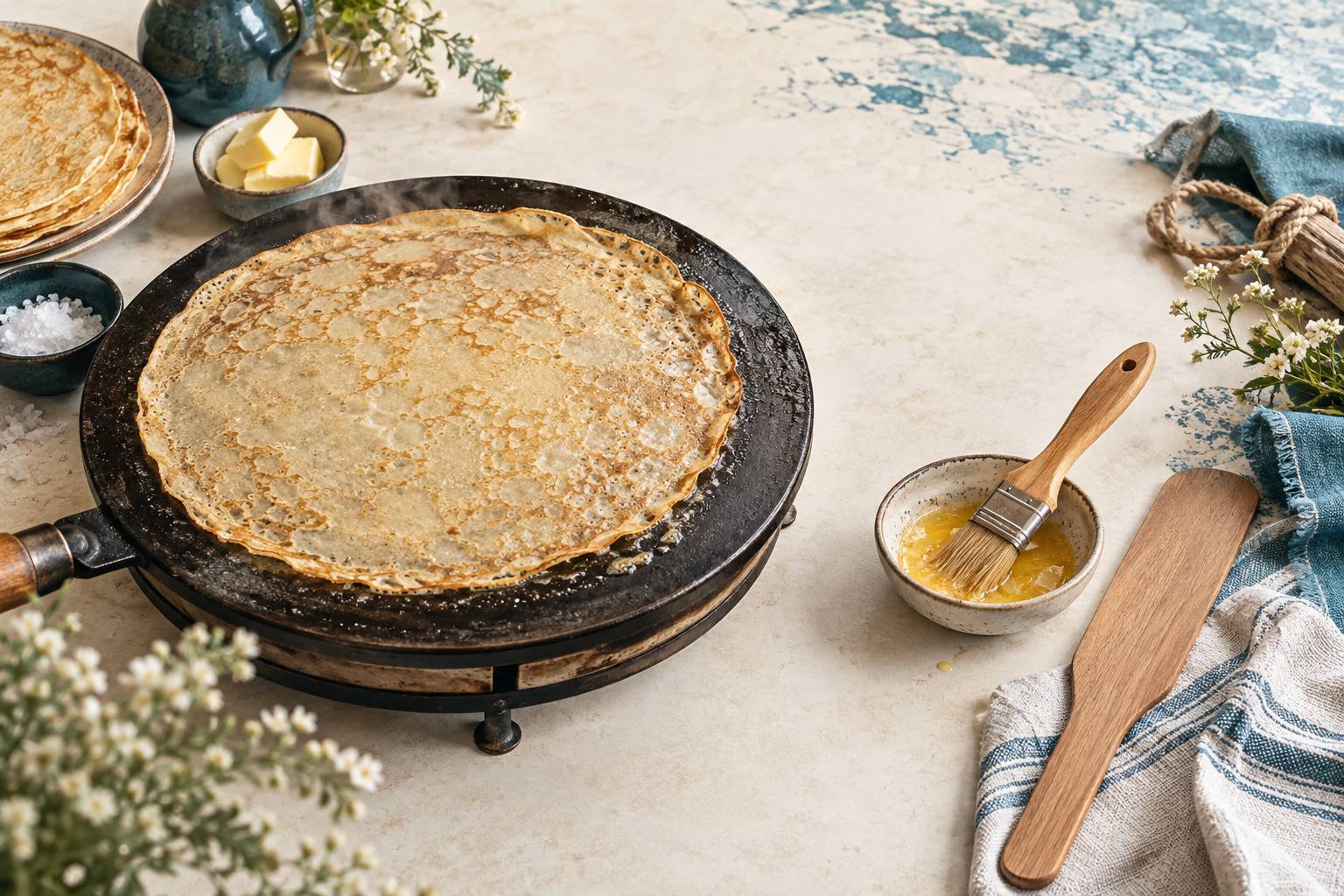 Crepe fine cuisant sur une crepiere badigeonnee de beurre