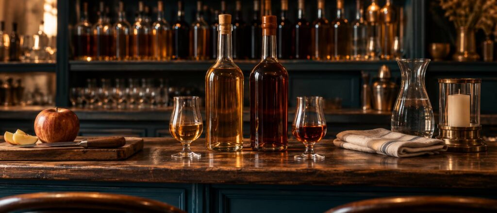 Deux bouteilles sans étiquette et deux petits verres sur un comptoir en bois