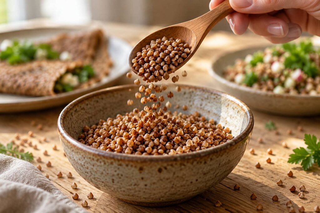 Illustration de détail sur le sujet : Le sarrasin en grains : kacha, galettes, salades