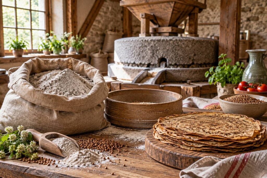 Meule de moulin en pierre et farine de blé noir dans un atelier de meunerie