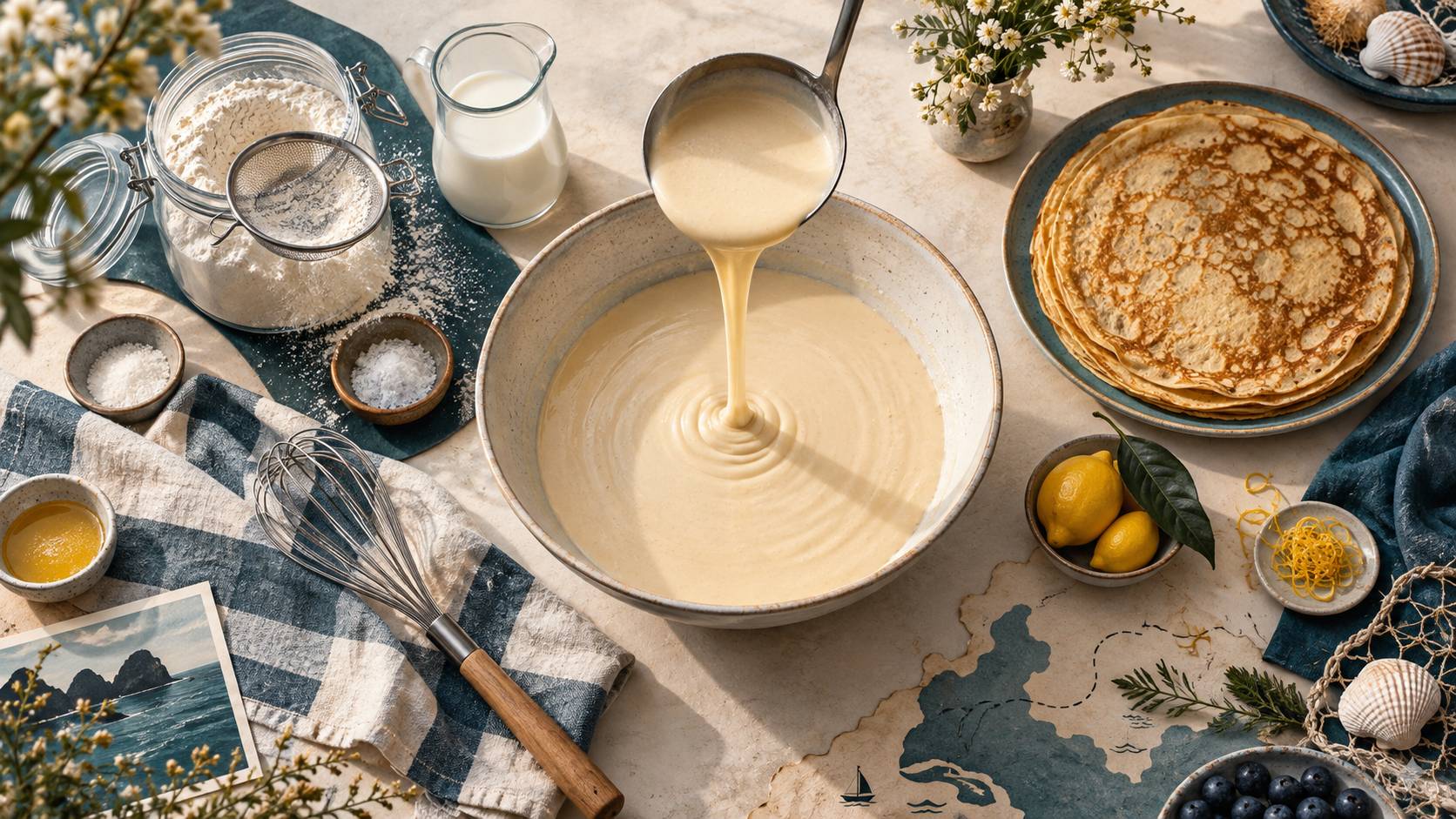 Pâte à crêpes versée en ruban depuis une louche dans un saladier