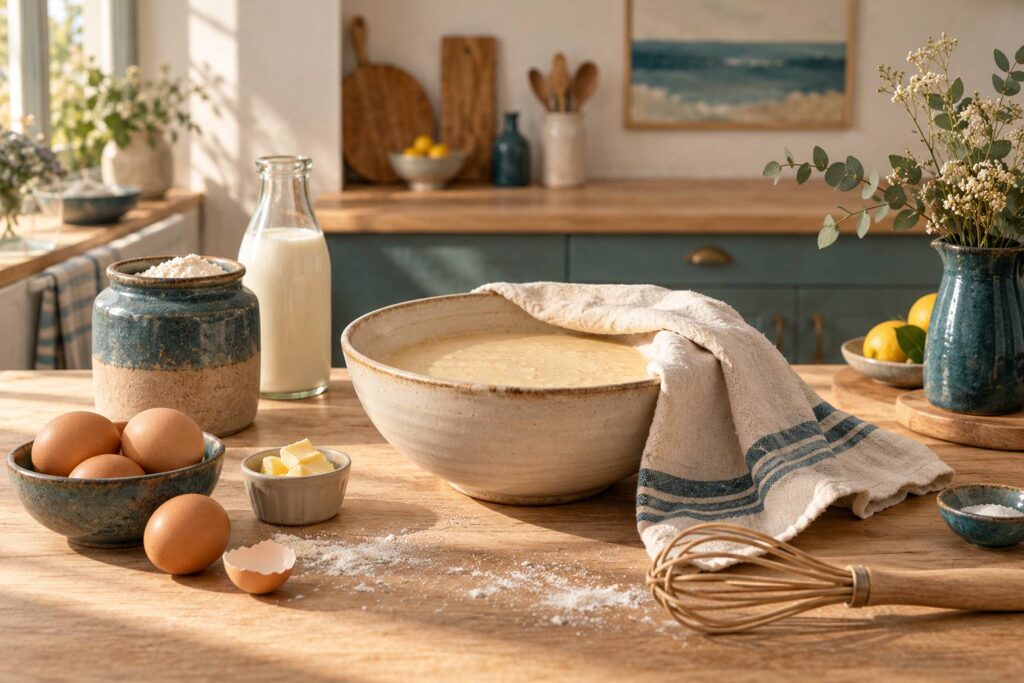 Bol de pâte à crêpes reposant sous un linge propre sur un plan de travail
