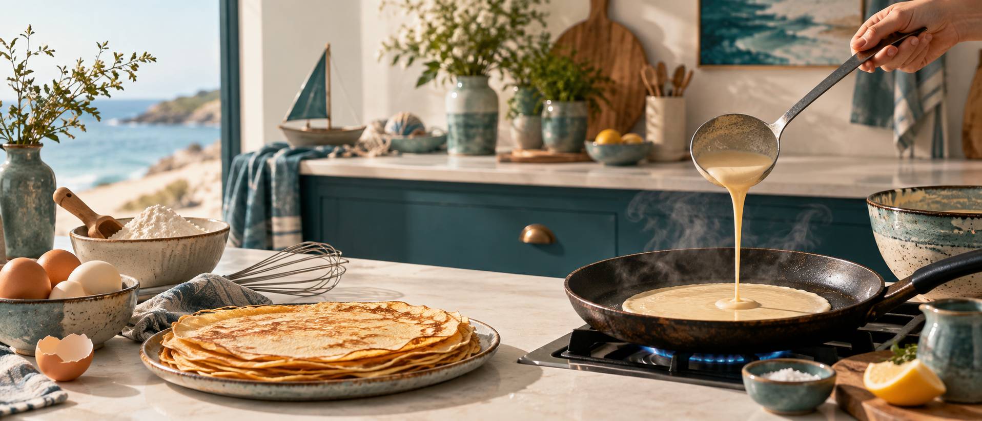 Pâte à crêpes versée à la louche dans une poêle chaude en cuisine