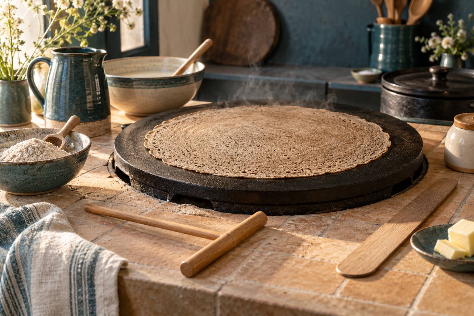 Galette au sarrasin etalee sur une plaque de fonte avec spatule en bois