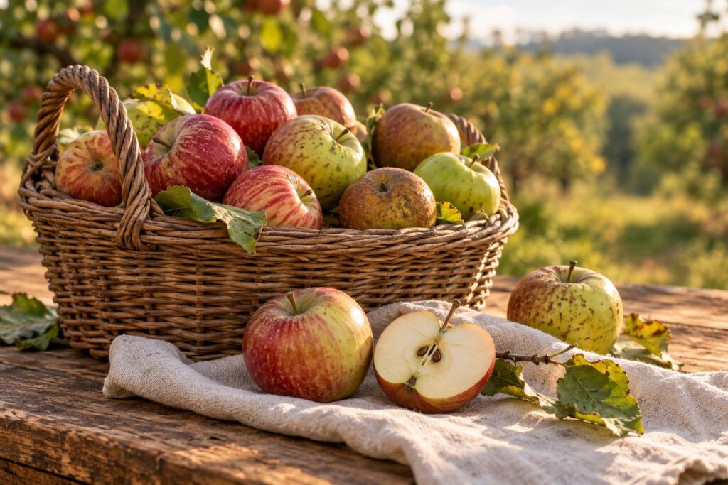 Pommes à cidre de variétés diverses dans un panier en osier sur une table en bois