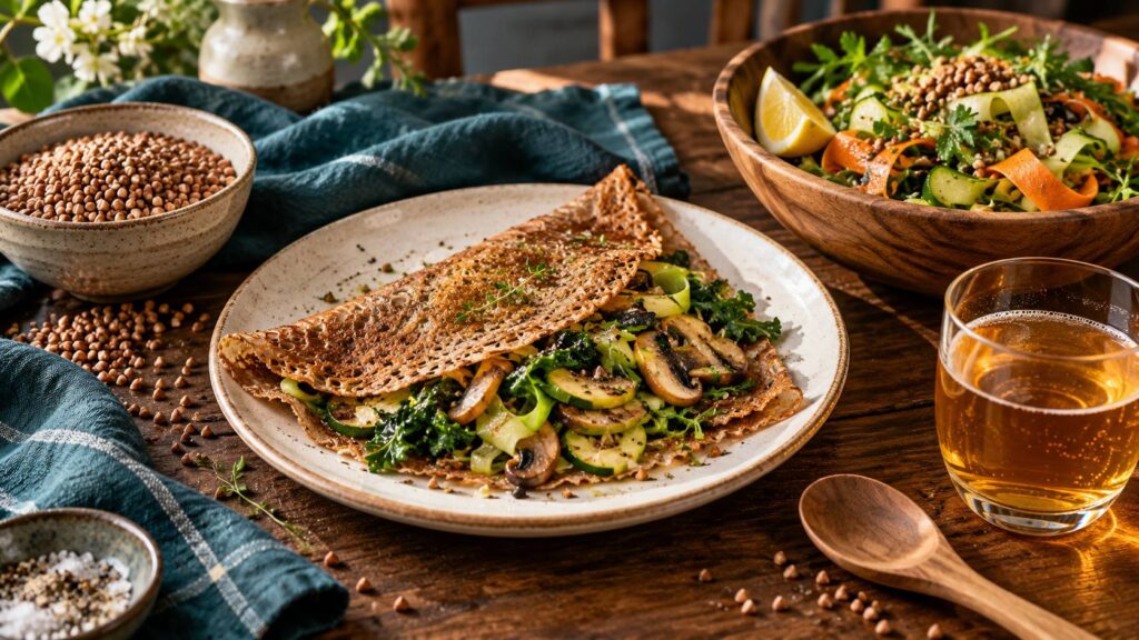 Bol de sarrasin en grains, galette bretonne dorée et salade composée sur une table en bois