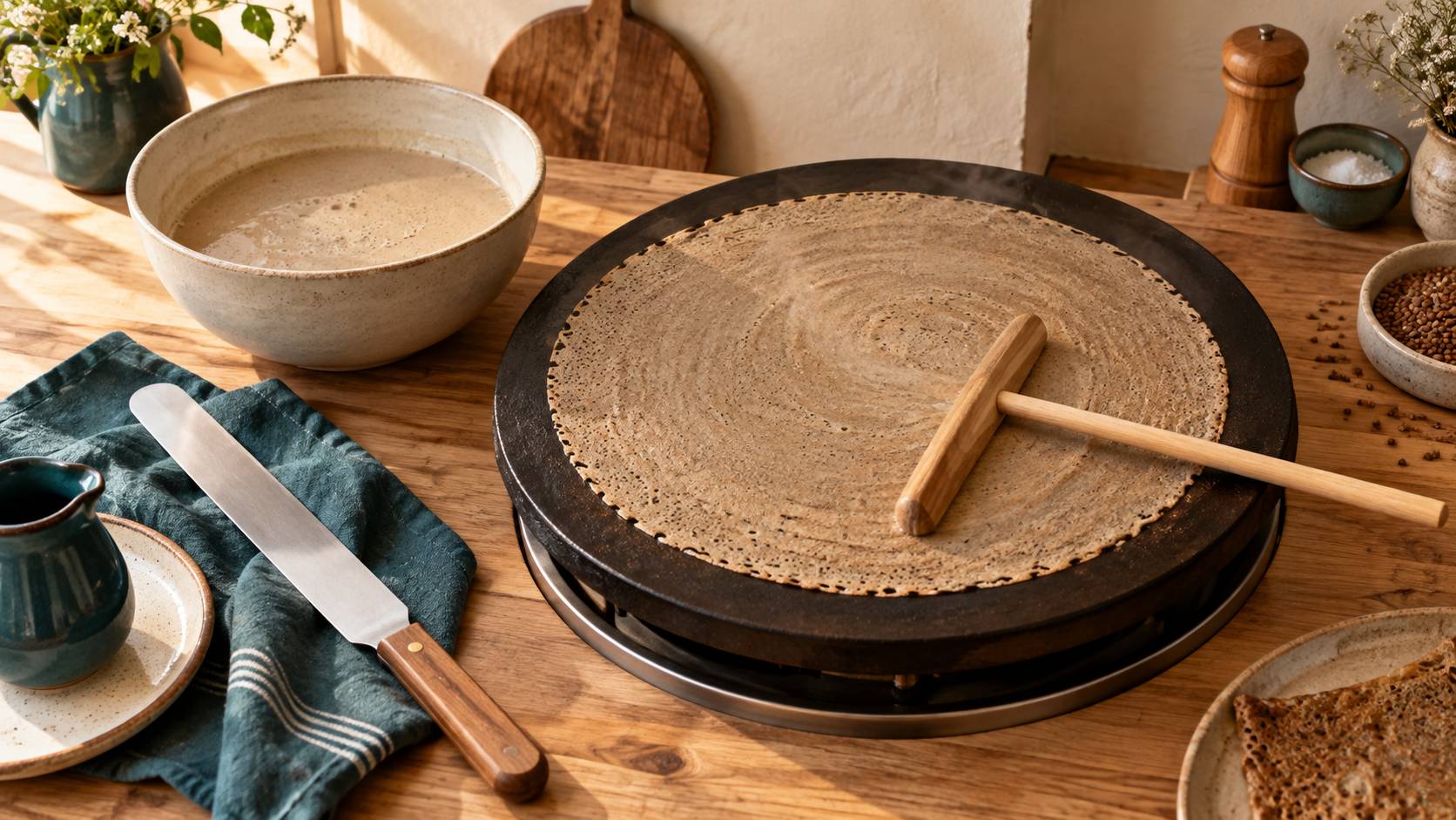 Rozell en bois etalant la pate d'une galette de sarrasin sur la plaque